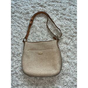 ERIC JAVIT Brown Beige Woven Straw Shoulder Crossbody Bag Leather Strap